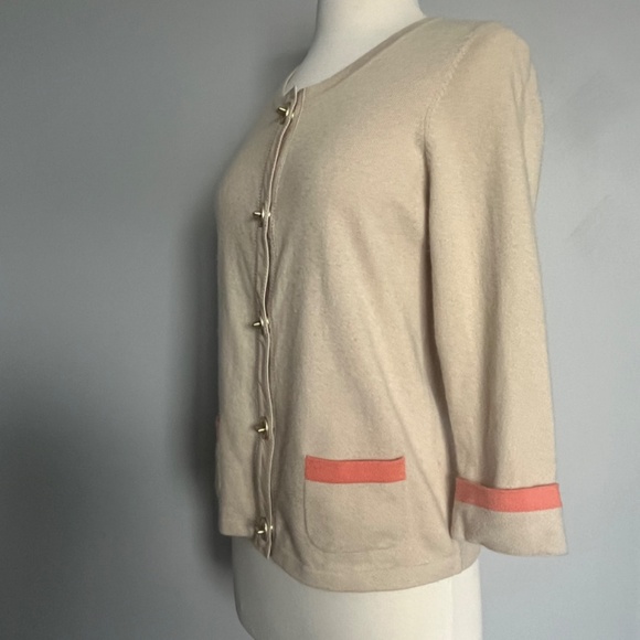 Coach Cashmere Leather Trim Buttoned Turnlock Tan Coral Career Cardigan‎ Sweater - Picture 8 of 12